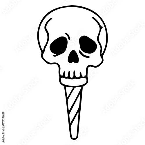 A black and white vector graphic illustration of a skull on an ice cream cone