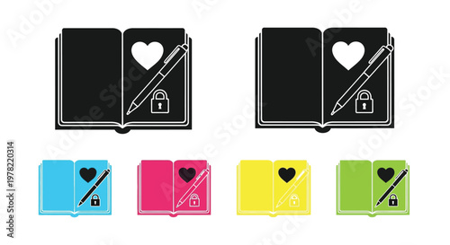 Two open diaries with hearts pens and locks in various colors