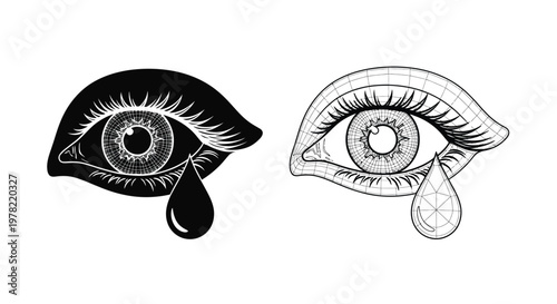 Two stylized eyes one shaded and one with line art both with teardrops