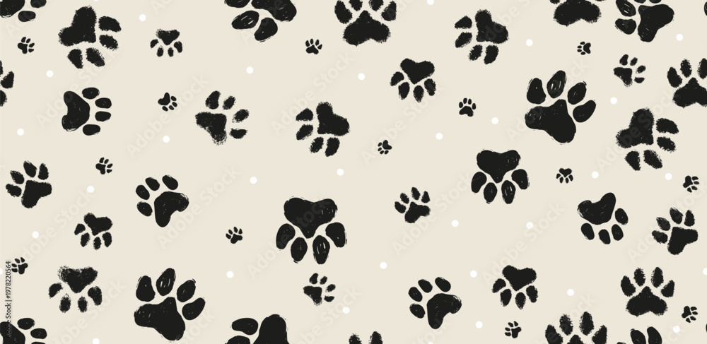 Fototapeta premium Seamless pattern with black paw prints on beige background. Cute animal footprint vector illustration for pet shop branding, wallpaper, fabric, wrapping paper, and textile design. Seamless pattern paw