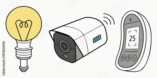 Set of smart home technology devices a light bulb surveillance camera remote control with home automation technology illustration connected wireless security internet automation