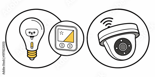 Smart home devices icons: light bulb thermostat security camera with home automation technology illustration thermostat connected wireless security internet efficiency lighting