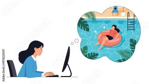 Focused woman works at her desk with a laptop while daydreaming about relaxing on a float in a tropical swimming pool.