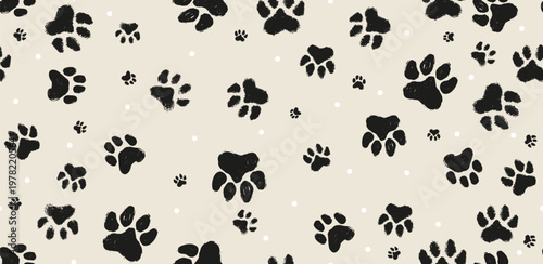 Seamless pattern with black paw prints on beige background. Cute animal footprint vector illustration for pet shop branding, wallpaper, fabric, wrapping paper, and textile design. Seamless pattern paw