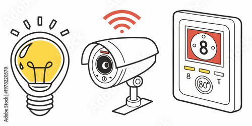 Smart home system: idea security camera thermostat control with light bulb internet of things home automation climate control smart device wireless signal technology illumination
