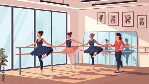 Group of young ballerinas in blue and pink tutus practices their positions at the barre under the guidance of a female instructor.