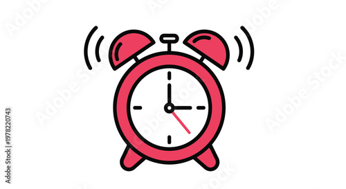 Simple red alarm clock illustration with black ringing lines on both sides to represent a morning wake up call or deadline.