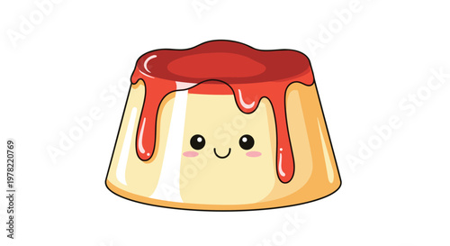 Adorable kawaii custard pudding dessert with a happy smiling face and red caramel topping dripping down on white background.