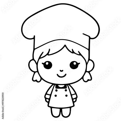 A cute cartoon chef girl wearing a hat and uniform, smiling and standing with her hands by her sides.