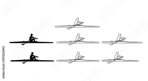 Silhouettes of rowers in boats depicting the rowing stroke cycle