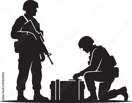 Soldier Standing Guard While Another Searches Military Equipment Silhouette