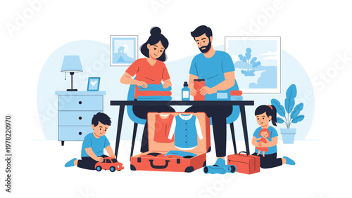 Parents and their two young children work together to pack clothing and essentials into a large suitcase for an upcoming family trip.
