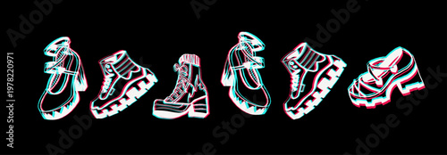 3D glitch effect alternative shoe set. Hand drawn chunky boots and platform sneakers with anaglyph effect on black background. Edgy streetwear fashion asset
