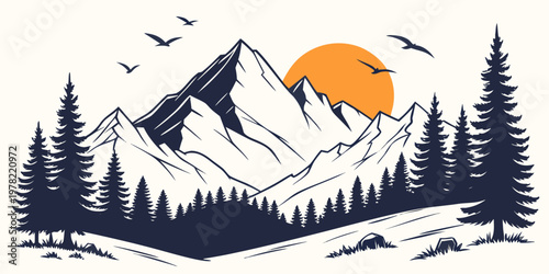 Mountain silhouette at dawn with flock of birds and conifer trees mountain range mountain silhouette landscape illustration minimalist countryside adventure recreation