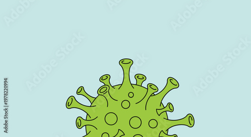 Close up illustration of a green virus cell structure with protein spikes representing a coronavirus or infectious disease.
