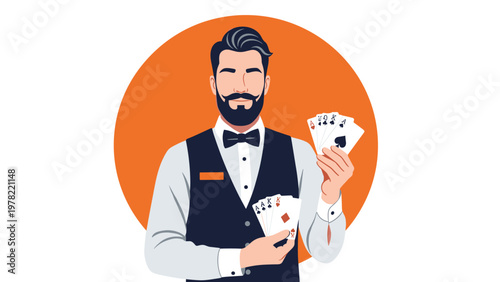Professional male casino dealer in a vest and bow tie presents various playing cards against a vibrant orange circle background.