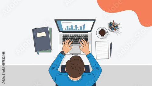 Top view of a person hands typing on a laptop keyboard at a tidy desk with notebooks, a pen, and a cup of coffee for work.