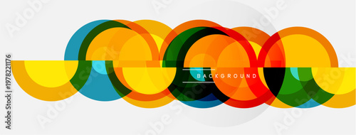 Colorful overlapping circles create abstract design. Bright hues blend, forming dynamic visual composition. Simple, modern background element.