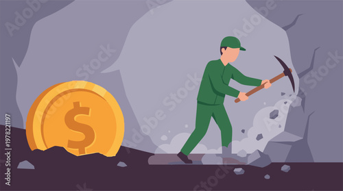 Miner digging for wealth with pickaxe in cave, large gold dollar coin nearby