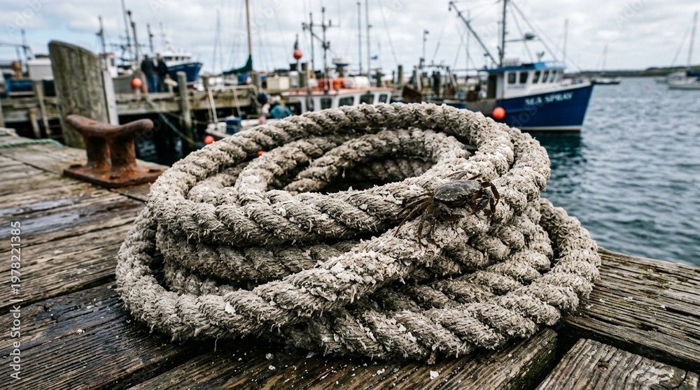 Fototapeta premium Frayed Sun-Bleached Sea Rope Coiled on Dock Cleat