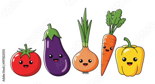 Collection of cute kawaii vegetable characters including tomato eggplant onion carrot and bell pepper with happy faces.