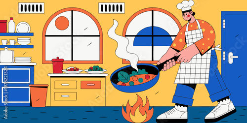 Colorful illustration of a professional chef in a kitchen tossing fresh vegetables in a frying pan over an open flame stove near arched and storage shelves with interior, restaurant