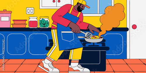Stylized illustration of a black man wearing a blue apron and yellow cap cooking a meal in a pan on a stove in a modern kitchen with blue cabinets and yellow walls lifestyle domestic