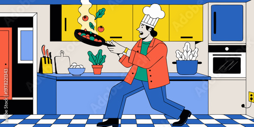 Flat vector illustration of a chef in a white hat and orange jacket tossing vegetables in a frying pan while cooking in a modern kitchen with blue and yellow cabinets, vegetables