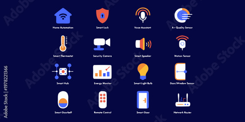 Smart home automation connected devices icon set with automation connected technology internet security thermostat lighting doorbell assistant management communication