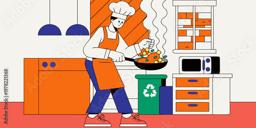 Vector illustration of a chef wearing an orange apron and white hat cooking food in a pan in a kitchen next to a green recycling bin symbolizing sustainable food preparation