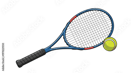 High quality illustration of a professional blue tennis racket with a bright yellow ball isolated on white background.