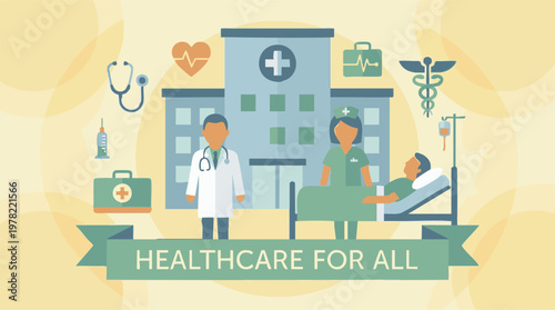 Healthcare for All concept illustration with hospital and medical staff