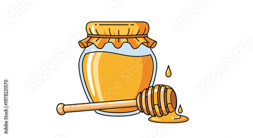 Honey jar with a dipper sits against a plain white background, highlighting its golden color and the natural sweetness of organic nectar.