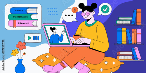 Creative vector illustration of a student on a call for a virtual classroom lesson sitting on floor cushions with bookshelves and a laptop at home e learning e-learning education