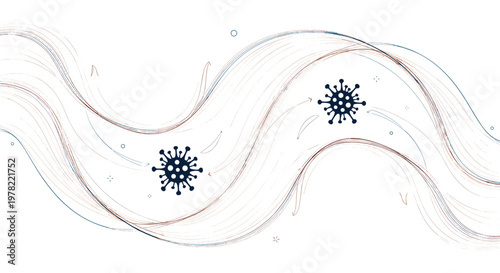 Microscopic view of virus cells floating in the air through wavy patterns, illustrating the spread of respiratory diseases and infections.