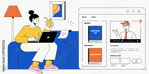 Flat vector illustration of a young woman learning online at home on a laptop using an educational portal with history and geography ebooks and videos self improvement learning