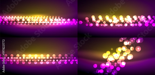 Bright bokeh lights form lines, curves. Yellow, pink hues dominate dark background. Festive, celebratory visual effect presented.