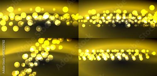 Golden bokeh lights create soft, blurred patterns. Four panels display varying light concentrations, warm tones dominate composition.