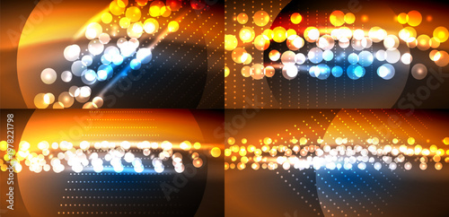 Bright bokeh effects, warm colors dominate. Abstract design with glowing particles, dynamic lines create energy. Dark background enhances luminosity.