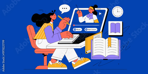 Young woman learning online from home attending virtual class or webinar on tablet with books and notes for distance education e learning remote learning online course digital lear