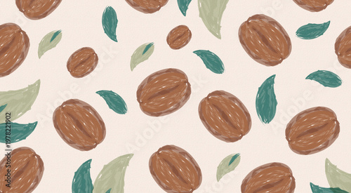 Hand drawn walnut pattern with green leaves on beige background