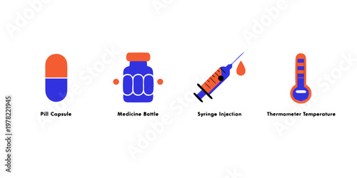 Set of colorful medical and pharmacy icons: pill capsule medicine bottle syringe injection thermometer temperature with pharmacy healthcare medicine injection thermometer treatment