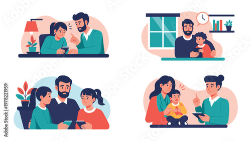 Scenes showing parents concerned about their children excessive digital screen time and device usage at home or school.