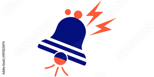 Urgent blue bell icon with white stripes orange lightning bolts dots symbolizing a critical notification loud alarm or important warning high priority white background notification