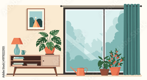 Interior design of a cozy living room includes a wooden sideboard, indoor plants, a lamp, and a large window overlooking a green forest.