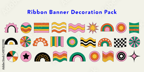 Colorful ribbon banner decoration pack featuring twenty four retro y2k style abstract shapes rainbows stars checkerboard patterns and wavy geometric elements for creative design