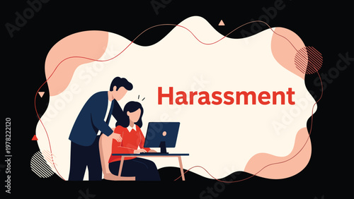 Illustration depicting workplace harassment with a man making a woman feel uncomfortable while she is working at her desk.