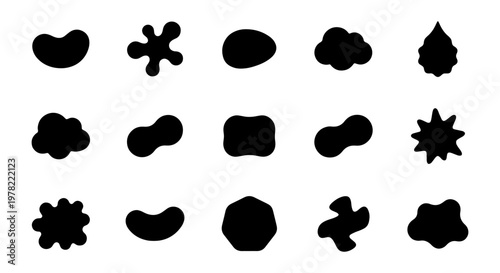 Abstract organic blob shapes set, black liquid splash silhouettes, 15 irregular amoeba vector elements for modern graphic design and branding