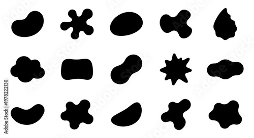 Abstract organic blob shapes, set of 15 black liquid silhouettes, minimalist amoeba and pebble vector elements for modern graphic design