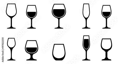 Minimalist wine glass icons set, black silhouette glassware vector collection, 10 elegant wine and champagne glass symbols for restaurant menus